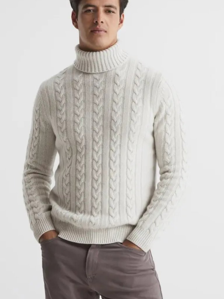 Nwt Reiss James 100% Cashmere Cable Knit Turtleneck In Vapour Sweater Size M